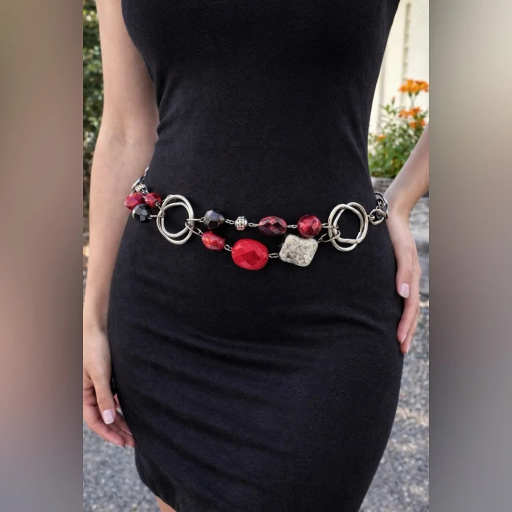 Chicos Belt Silver Tone Long Rope Link Chain Red Bead Faux Stone Adjustable NEW